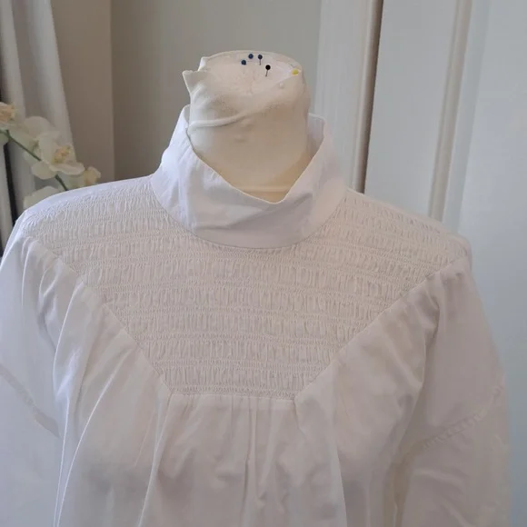 Everlane Womens White Cotton Smocked Neck Baby Doll Tunic Blouse Puff Sleeves MD - Picture 2 of 9